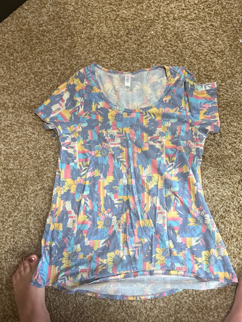 LuLaRoe Short Sleeve Scoop Neck Top - Blue, Yellow & Pink